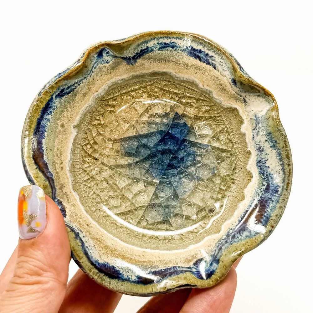 Studio Pottery Crystalline Glaze Crackle Trinket Dish Blue Drip Art Pottery
